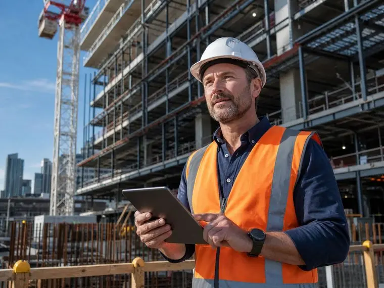 Construction project manager in hard hat and hi-vis reviewing plans on a commercial site