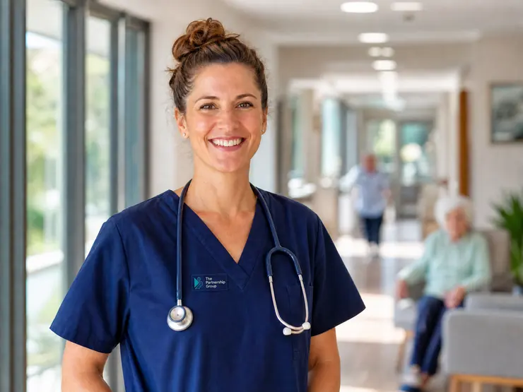 Registered nurse in navy scrubs with residents in an Australian aged care home